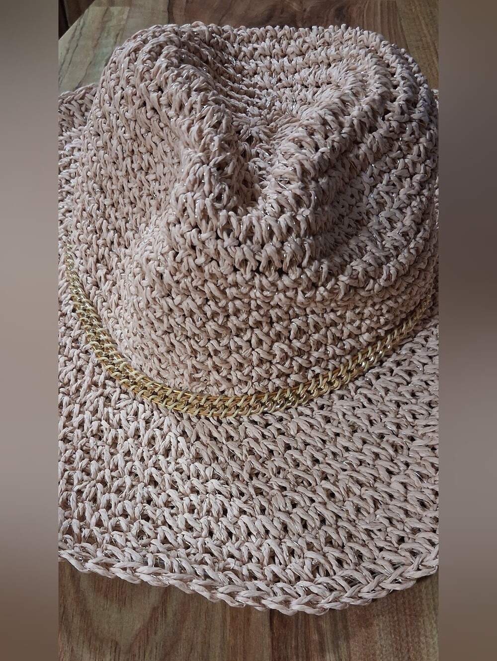 Able Beige Crochet Fedora with Gold Chain Trim